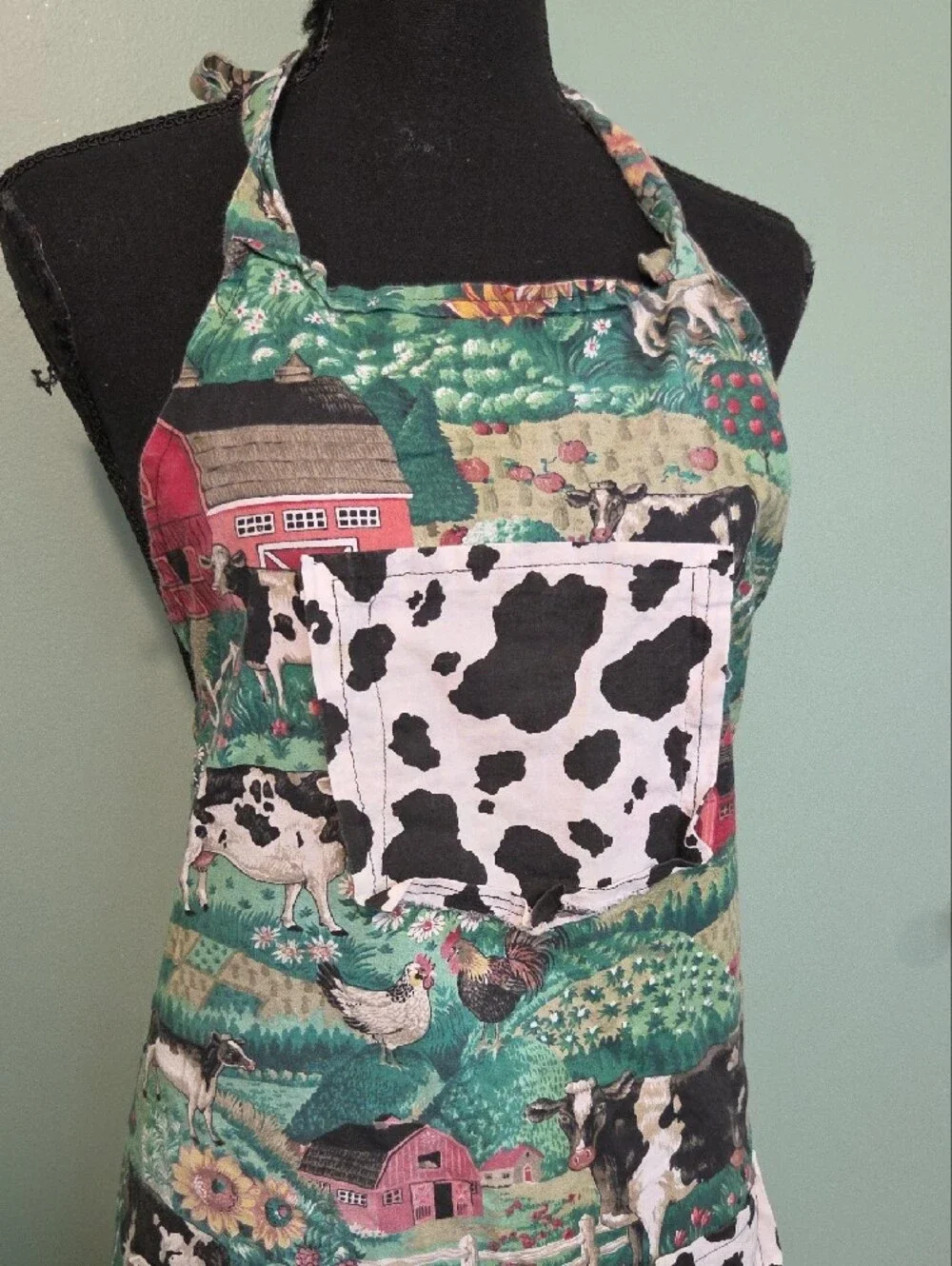 Handmade Farmhouse Cow Print Apron Green, Black & White